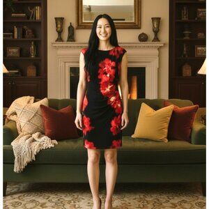 Lauren Ralph Lauren 12P Petite Black Red Floral Ruched Sheath Dress Cap Sleeve